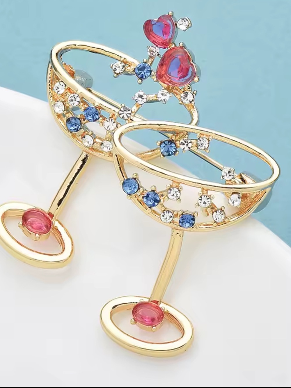 Cocktail Champagne Glass Pair Pink Blue Gems Brooch
